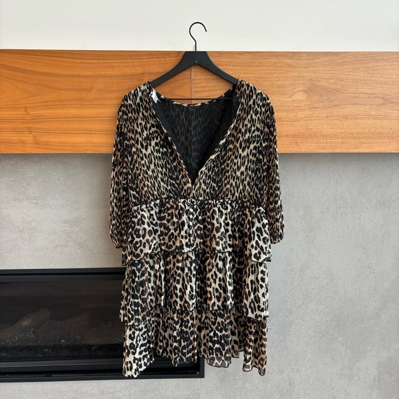 GANNI Pleated Leopard Print Georgette Mini Dress, Size M - Picture 16 of 16